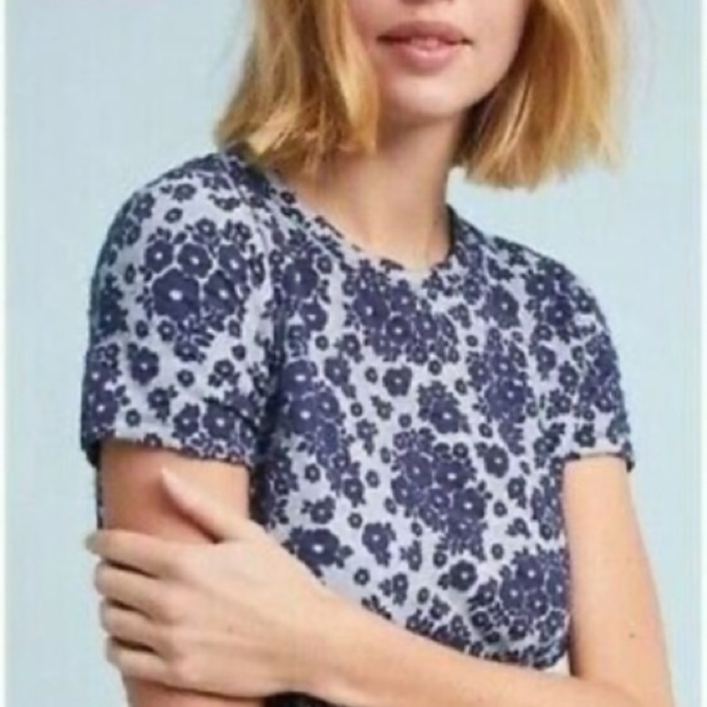 Anthropologie | Blue Jacquard Floral Tee